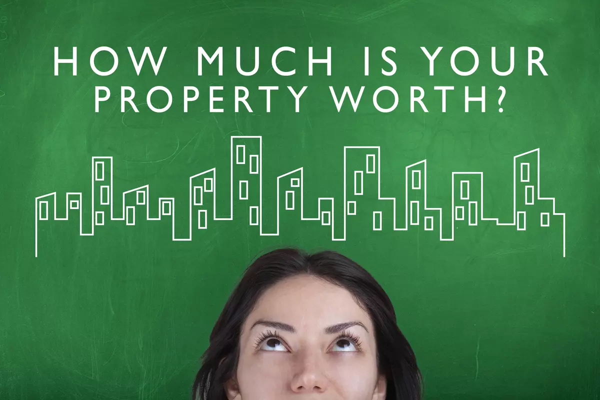 A woman looking up at the text "How much is your property worth?"