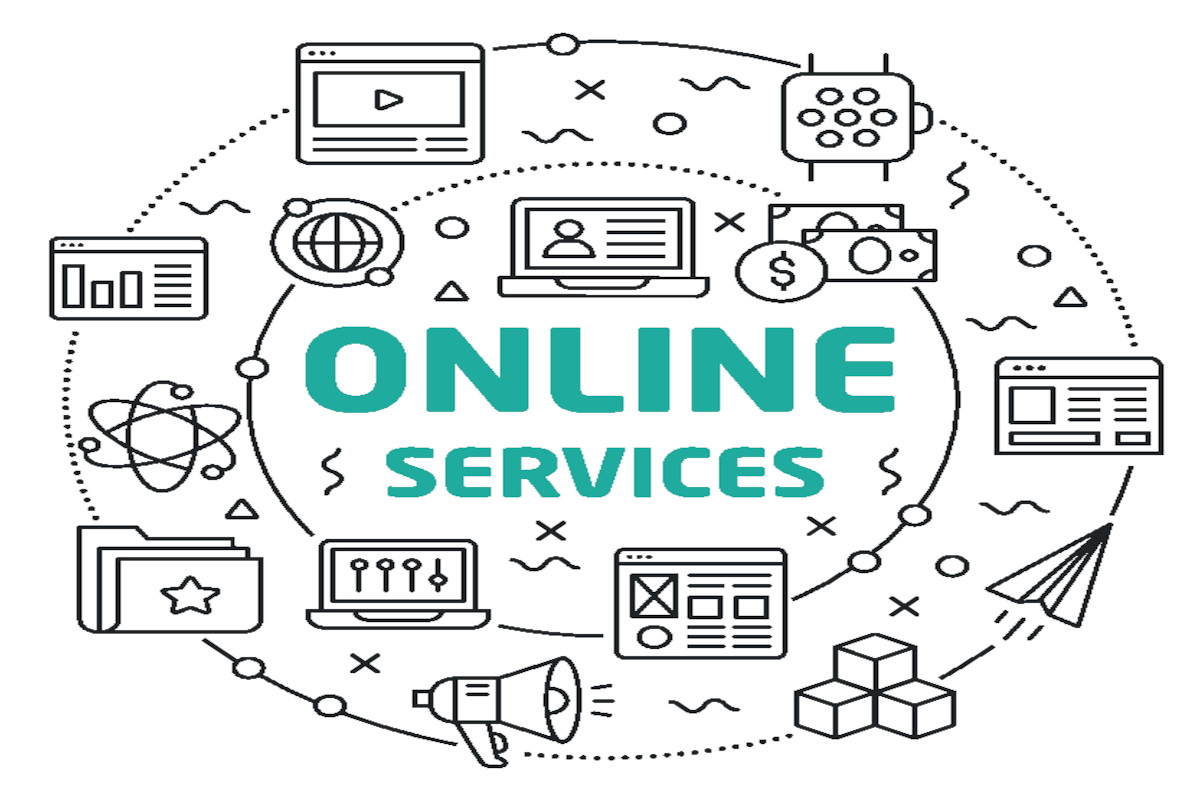 An illustration of various PayPal services surrounding the words "online services."