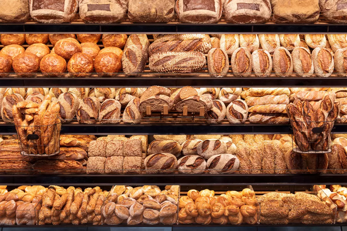  Bread on a bakery shelf.