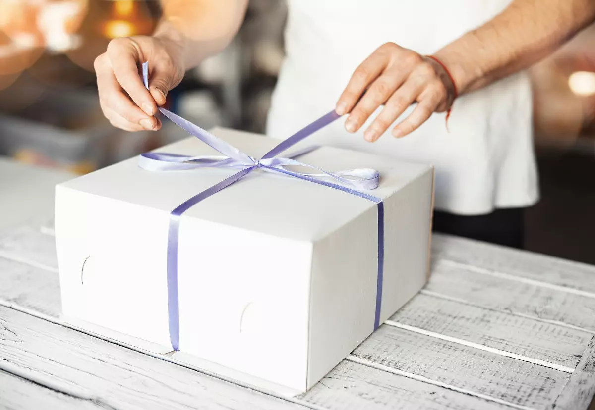 A cake box at a bakery.