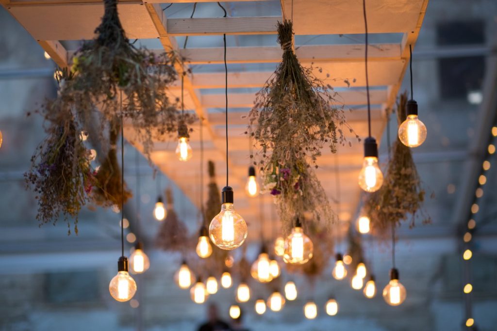 Close up on patio string lights 