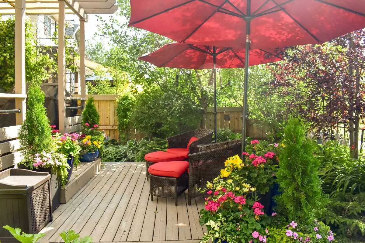 Shaded patio with umbrellas and plants