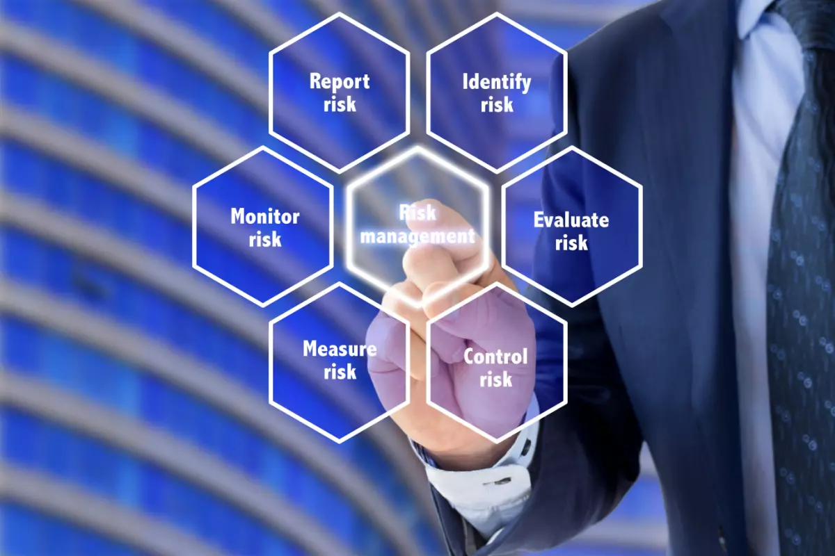 Business person pressing virtual risk management button