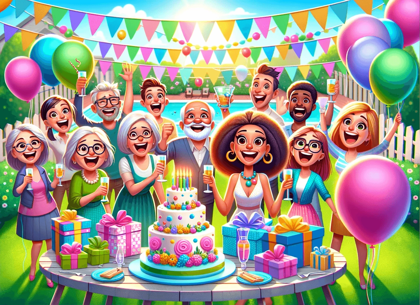 Graphic of partygoers at a surprise birthday party