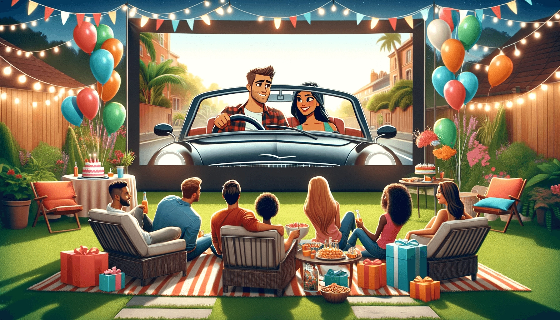 Graphic of a backyard movie birthday party