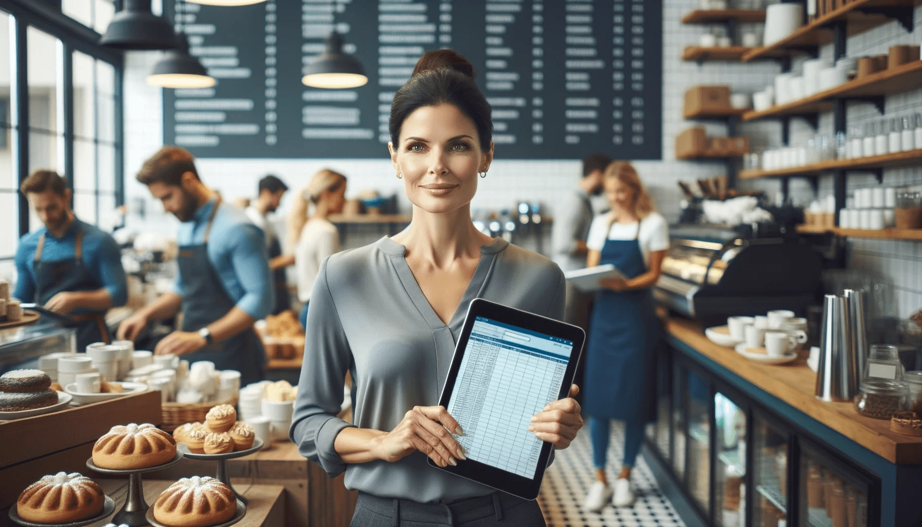 Smiling business owner holding a tablet in a bakery with employees and customers behind