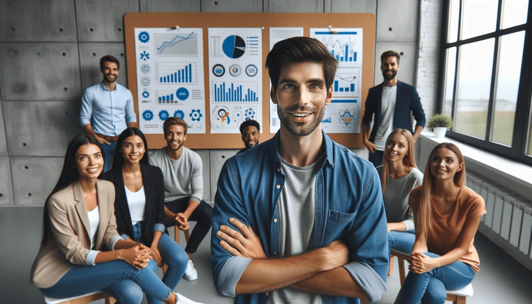 Graphic of smiling entrepreneur and his team behind him